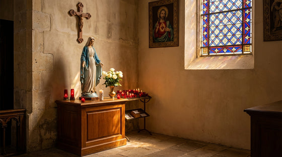 Catholic church art symbolism explained: Mary statue, stained glass, and crosses create a peaceful scene.