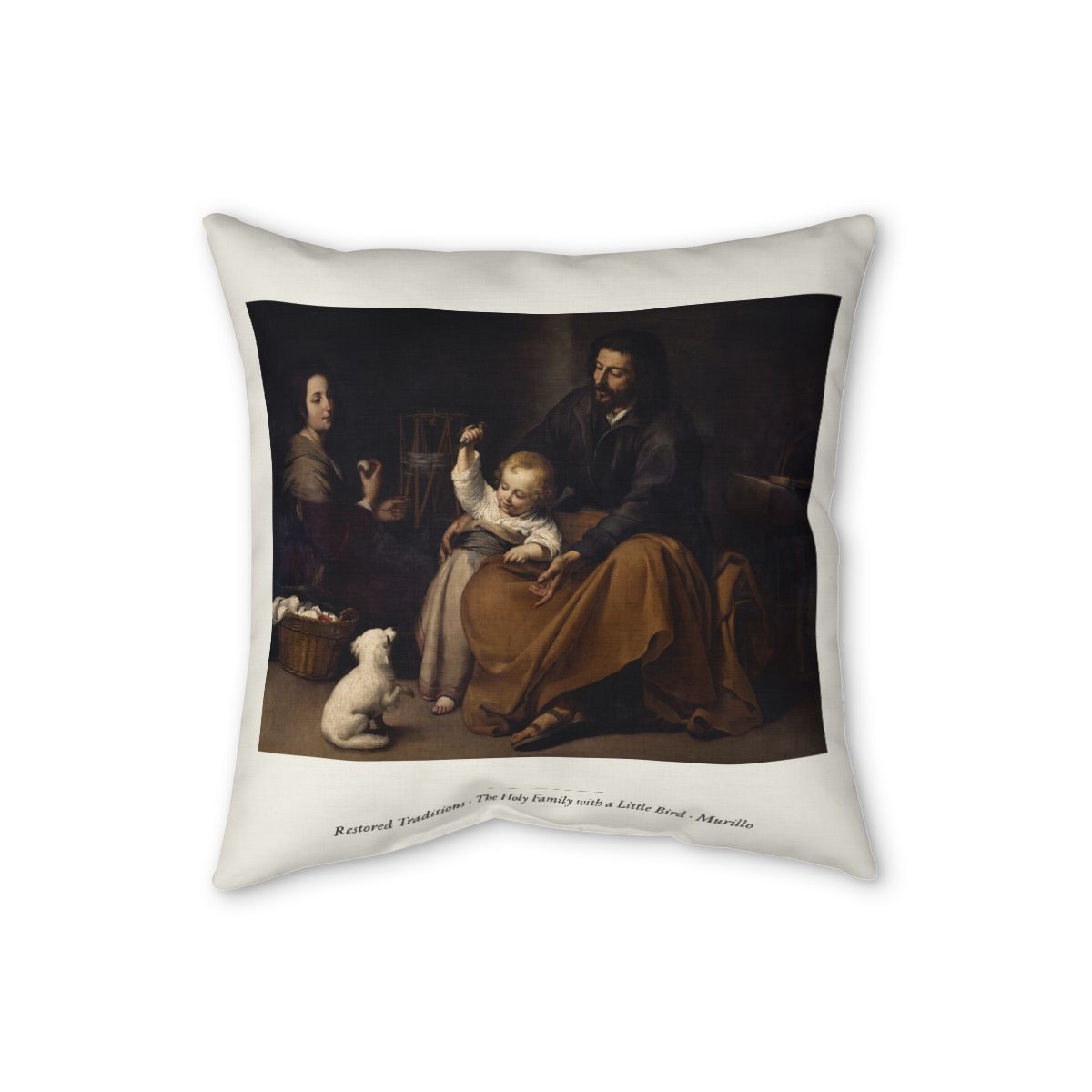 Restored Traditions The Holy Family with a Little Bird – Murillo throw pillow — lifestyle photo