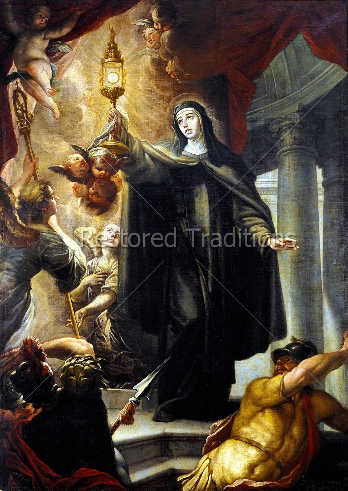 St. Clare of Assisi Scaring Infidels With The Holy Eucharist – Arredondo, restored fine-art print