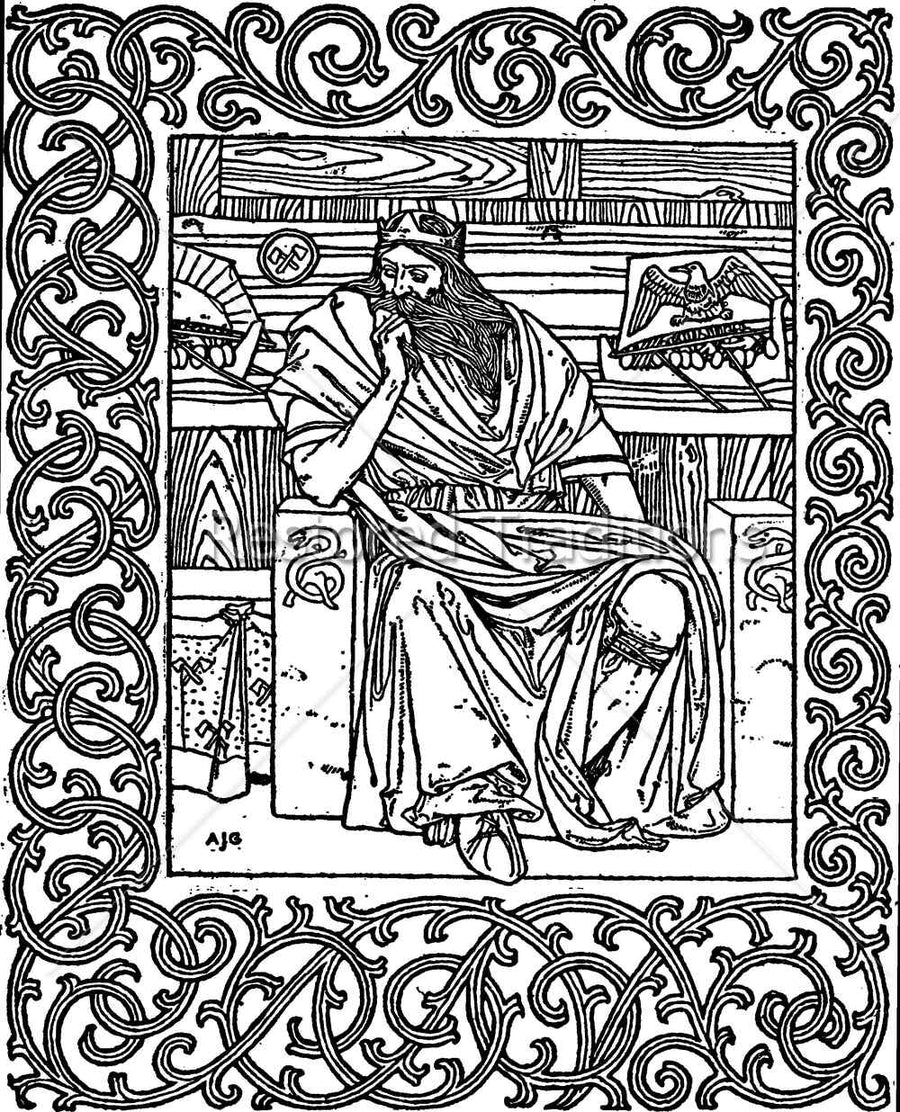 Good King Wenceslas Looked Out by Arthur Gaskin - black and white woodcut-style illustration of King Wenceslaus enthroned inside an ornamental interlace border