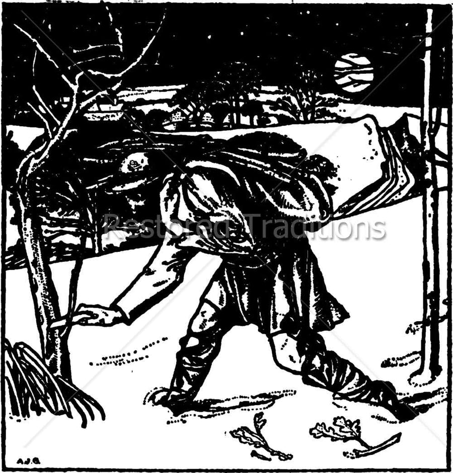 Gathering Winter Fuel by Arthur Gaskin - black and white illustration of a poor man gathering firewood in the snow under a full moon, from Good King Wenceslas