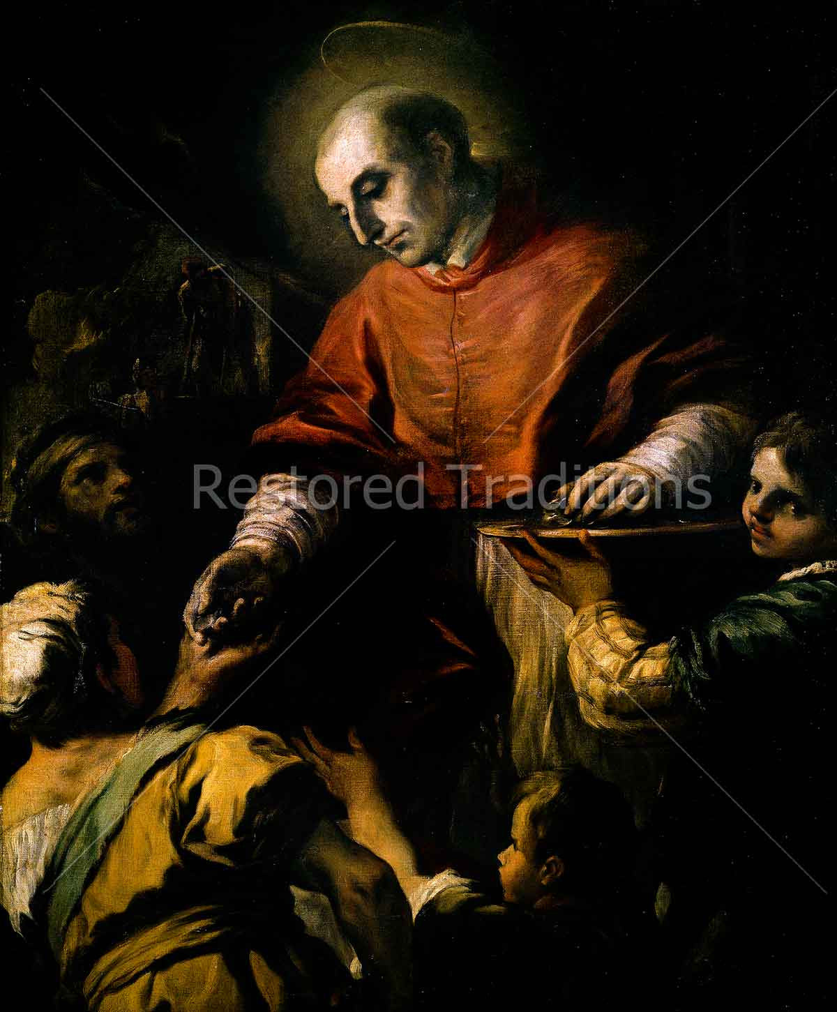Saint Charles Borromeo giving Alms to the Poor – Giordano, restored fine-art print