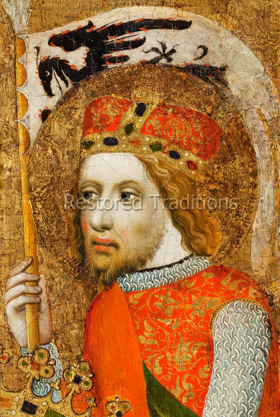 Saint Wenceslas from the Votive Panel of Jan Ocko - fourteenth-century Bohemian gold-ground painting of the crowned Saint Wenceslaus holding his eagle banner
