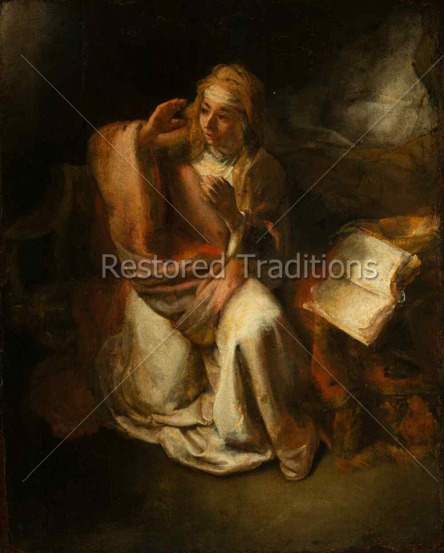 The Annunciation by Willem Drost - Rembrandt-school painting of the Virgin Mary startled from her reading as she receives the angel's message