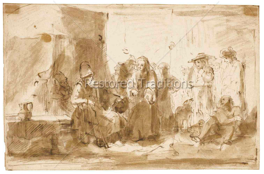 Joseph Telling His Dreams attributed to Willem Drost - Rembrandt-school ink wash drawing of young Joseph telling his dreams to Jacob and his brothers