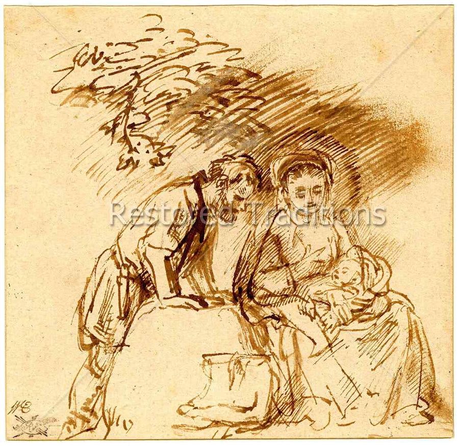 Rest on the Flight into Egypt by Willem Drost - Rembrandt-school pen drawing of Saint Joseph and the Virgin Mary resting with the Christ Child