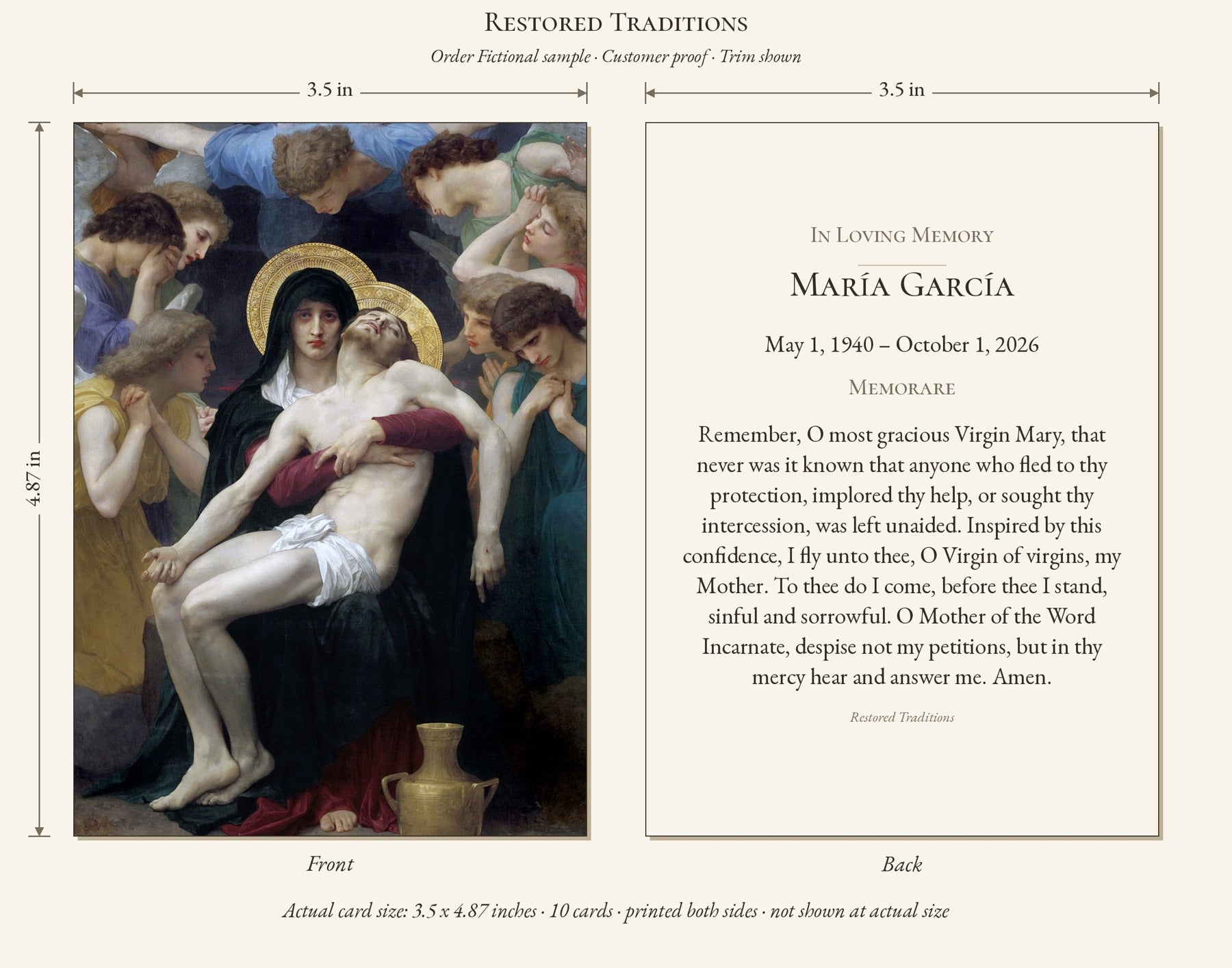 Restored Traditions sample funeral-wallet — fictional personalization; dimensions shown