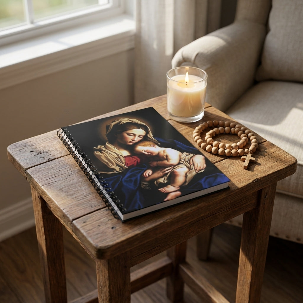 Madonna and Child prayer journal on a prayer table with a candle and rosary