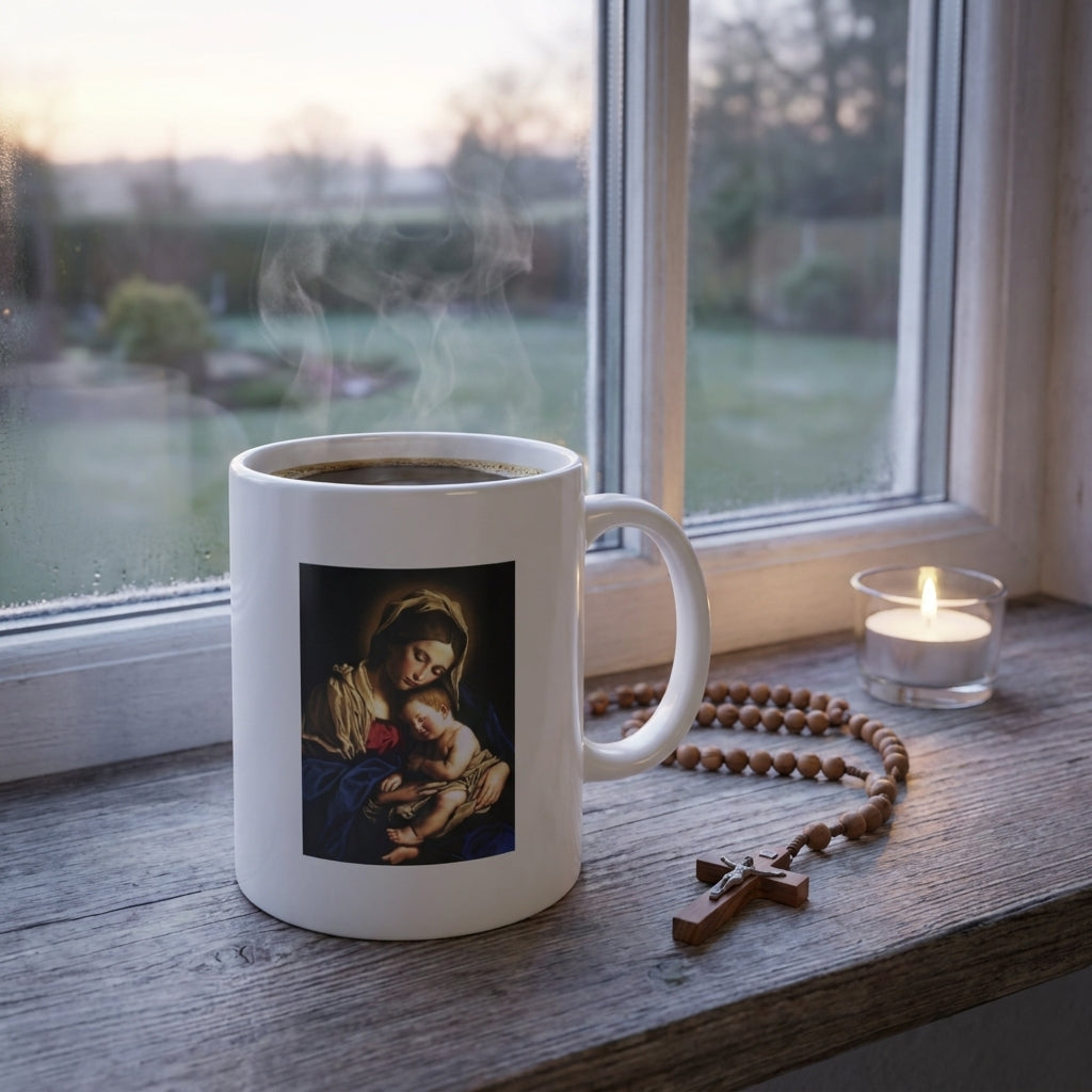 Madonna and Child mug of coffee on a windowsill at dawn beside a rosary and candle