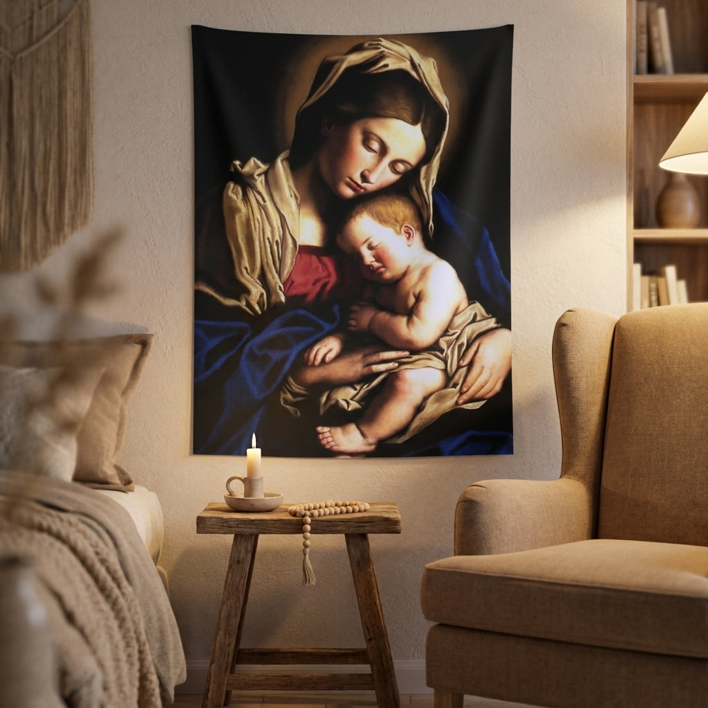 Madonna and Child tapestry hanging in a prayer corner beside an armchair