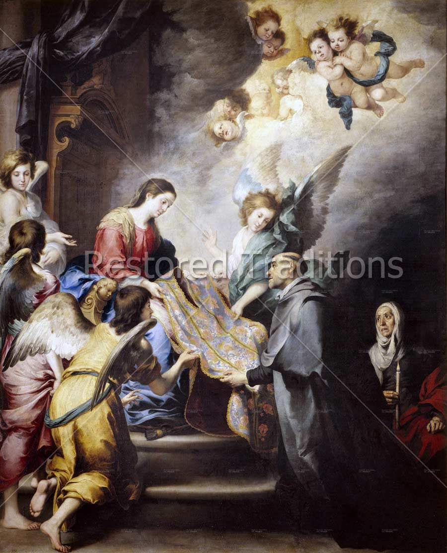 St. Ildephonsus Receiving Chasuble from the Virgin – Murillo, restored fine-art print
