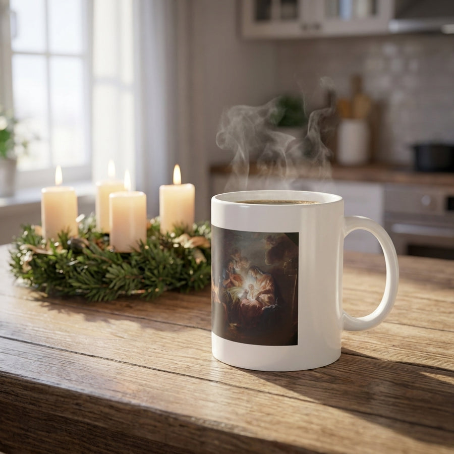 Madonna and Child mug of coffee on a windowsill at dawn beside a rosary and candle