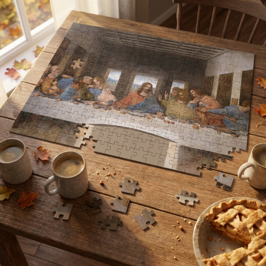 Nativity puzzle half-finished on the dining table on Christmas afternoon