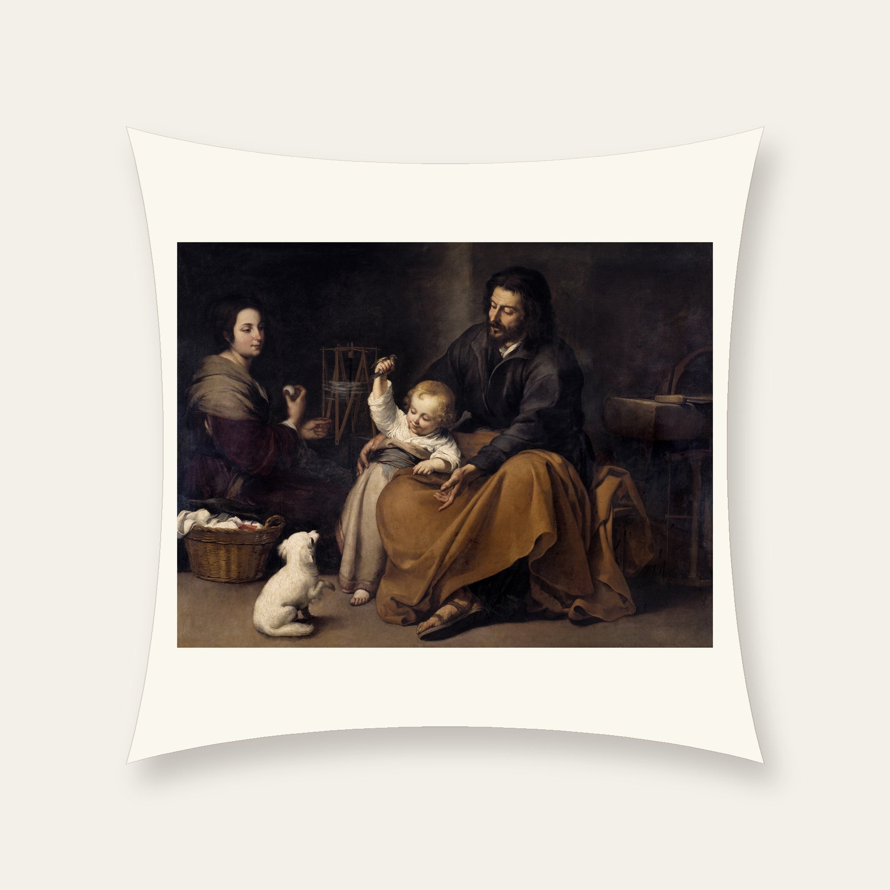 The Holy Family with a Little Bird – Murillo cushions — image-only front; local studio mockup