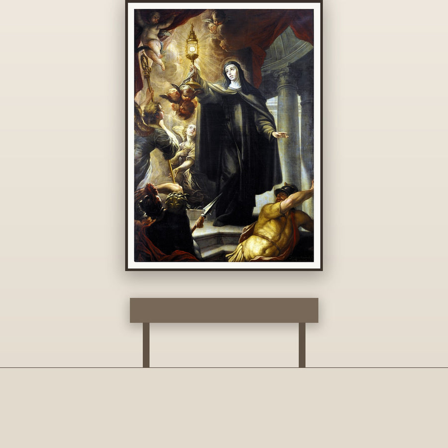 St. Clare of Assisi Scaring Infidels With The Holy Eucharist – Arredondo, restored fine-art print