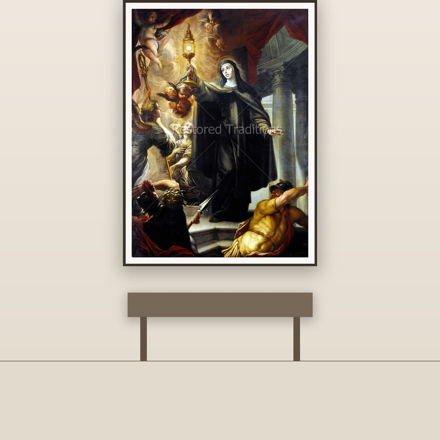 St. Clare of Assisi Scaring Infidels With The Holy Eucharist – Arredondo, restored fine-art print