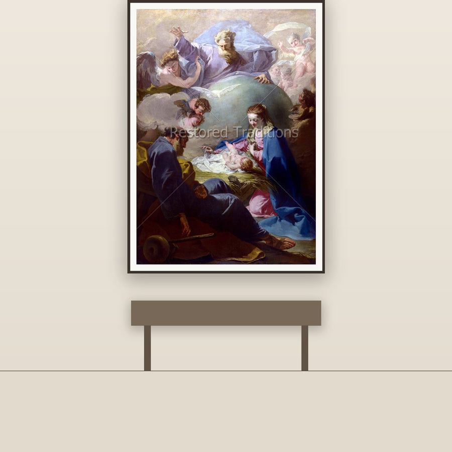 The Nativity with God the Father & Holy Ghost – Pittoni, restored fine-art print