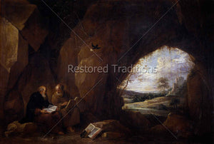 Hermits reading together in cave