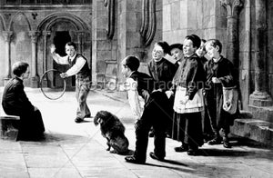 Catholic boys playing with dog