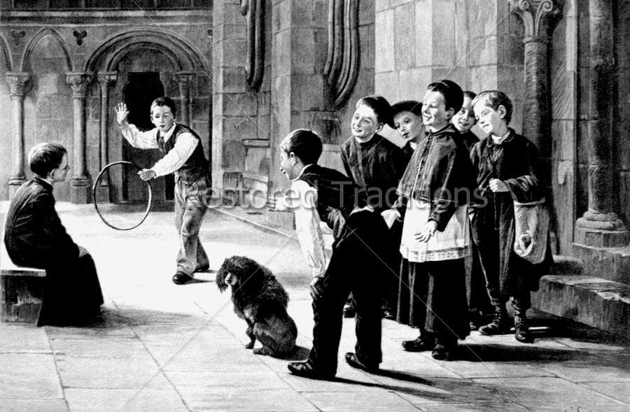 Catholic boys playing with dog